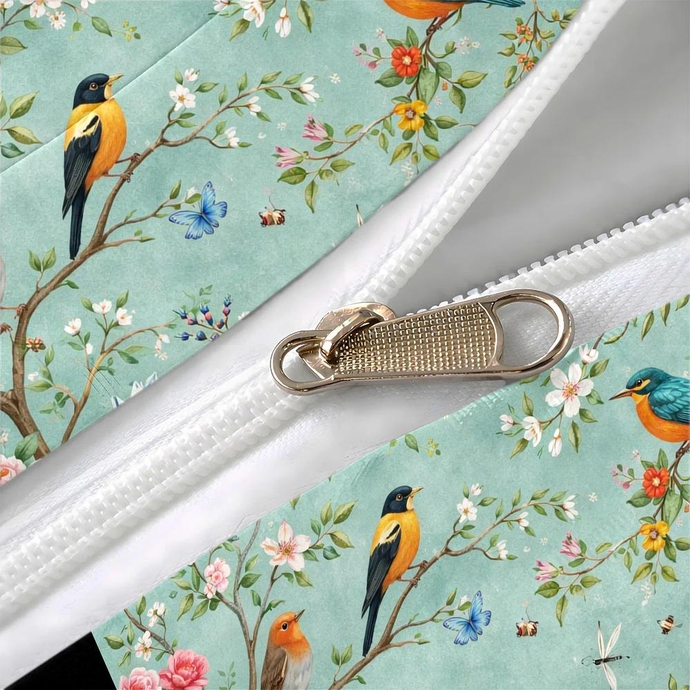 3Pc European Style Floral Bird Duvet Cover Set Double Bed - Machine Washable Invisible Zipper Bedding with 2 Pillowcases, Vintage