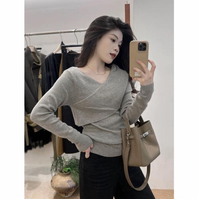 Haut Tricot Gris Coupe Ajustée Col Croisé Grande Taille pour Femme - Manches Longues Arrivage Printemps, Couche Intérieure Amincissante