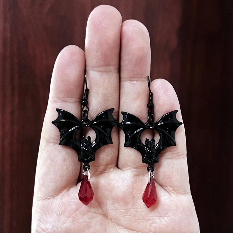 Dark Gothic Punk Black Bat Earrings with Red Crystal for Women - Halloween Style
