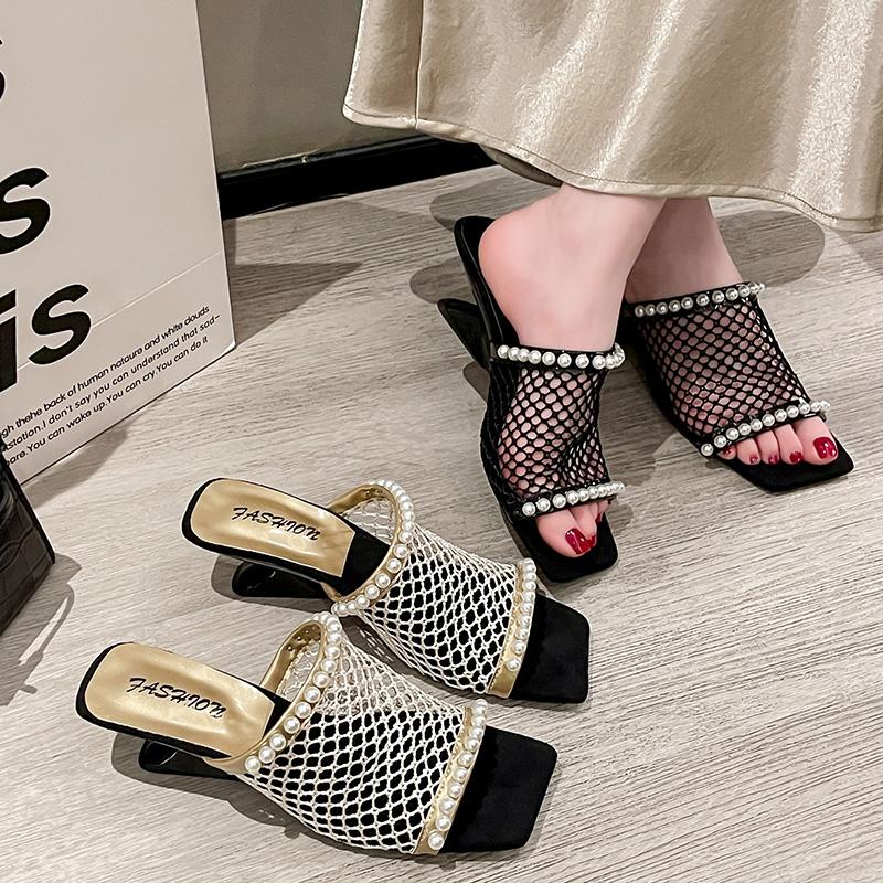 Fashion Mesh Fashion Slippers Women's Pearl Decoration Elegant Square Toe Women's Shoes 2025 Summer New High Heels Dress Pump Sandals