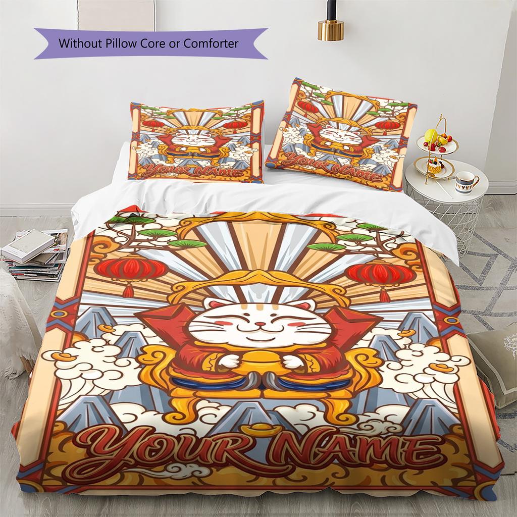 Name Custom Maneki-Neko Pattern Bedding Set Quilt Cover Pillowcase Home Decor Gift (1 * duvet cover + 2 * pillowcase, without core)
