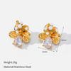 European and American Retro Texture Pattern Flower Earrings Light Luxury Stainless Steel Water Drop-shaped Zircon Stud Earrings Fashion Opal Accessori