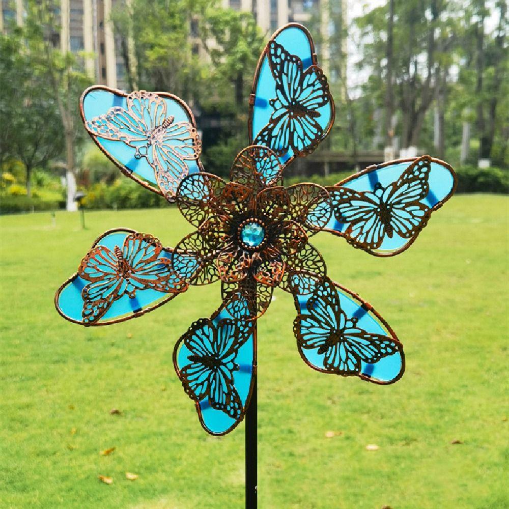 Luminous Effect Windmill Spinner Sculpture Metal Flower Pinwheel Wind Rotator  Lawn