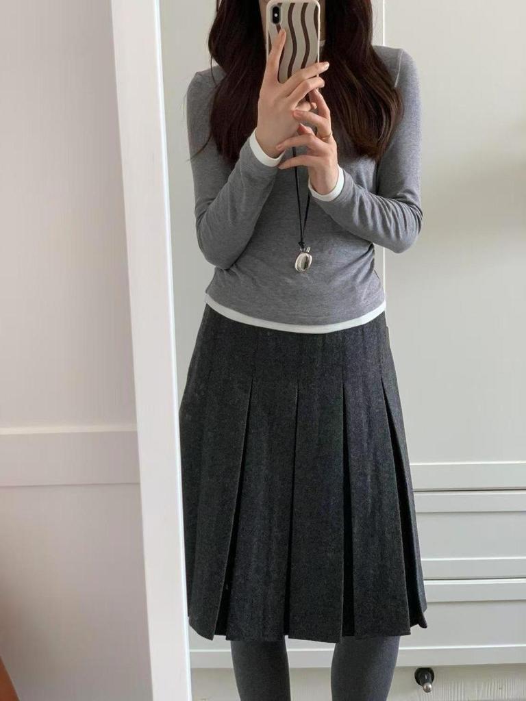 Petite 2026 Autumn/Winter Wool Pleated High-Waisted A-Line Skirt, Slimming Mid-Length Women's Fashion