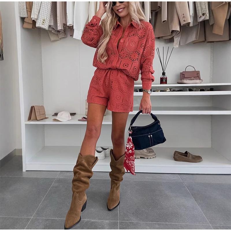 Fashion Lace Hollow Holiday Set Women's Elegant Single Breasted Beach Outfit Spring Casual Lapel Long Sleeved Shirt Shorts Suit