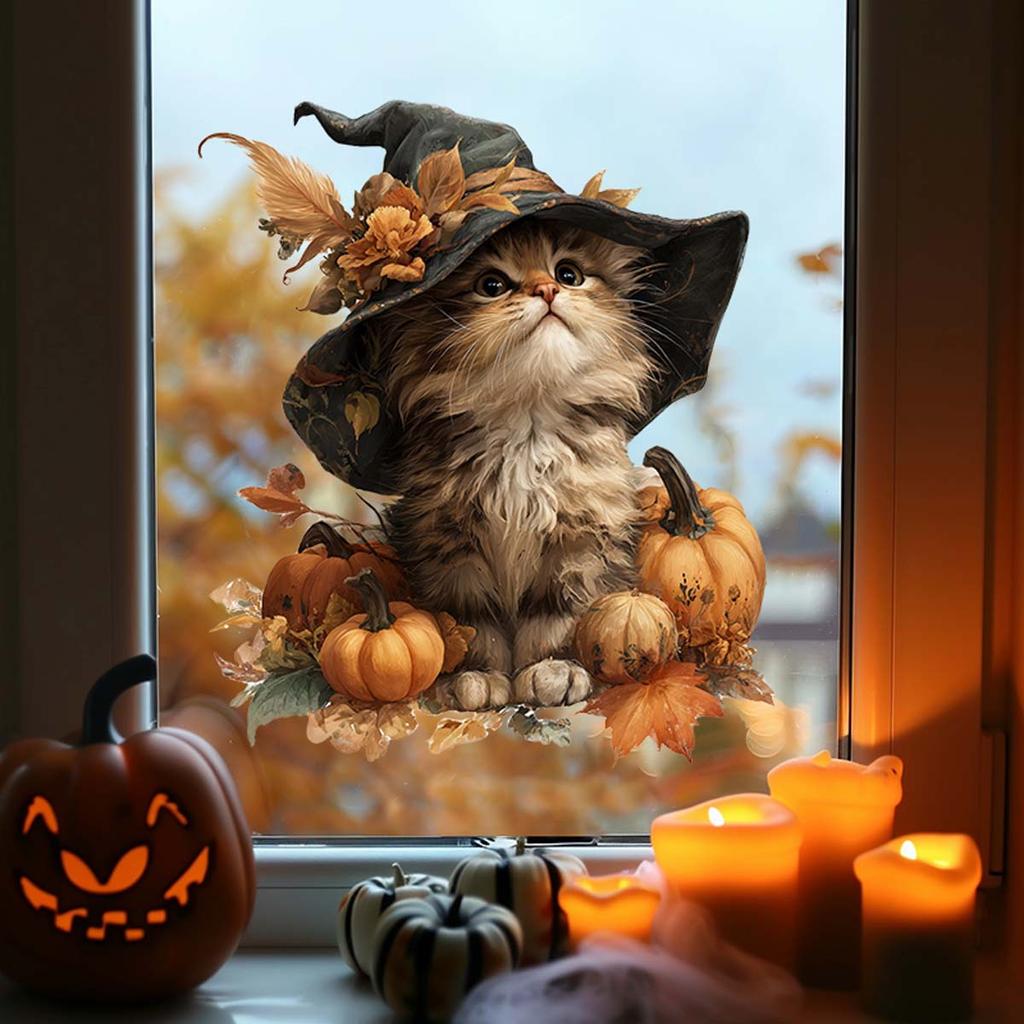 Retro-style Autumn Cat Window Sticker with Warm Elements. Self-adhesive and Seamless Sticker.