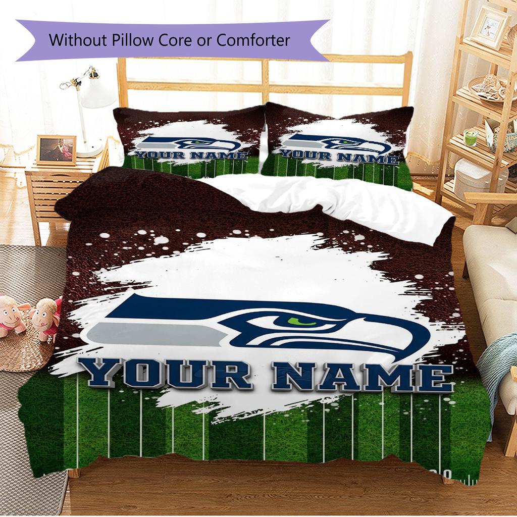 Name Custom Seattle Seahawks Logo Pattern Bedding Set Quilt Cover Pillowcase Home Decor Gift (1 * duvet cover + 2 * pillowcase, without core)