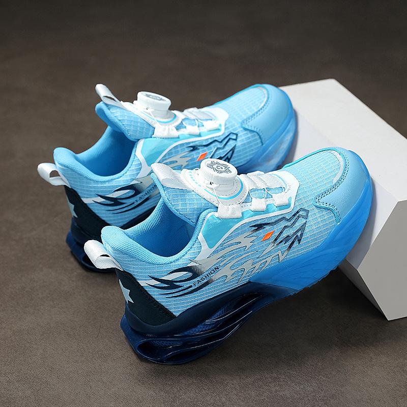 Children's Breathable Boys' Button Shock-absorbing Non-slip Sports Shoes Air Cushion Soft Elastic Mesh New Spring Rotating Running Shoes