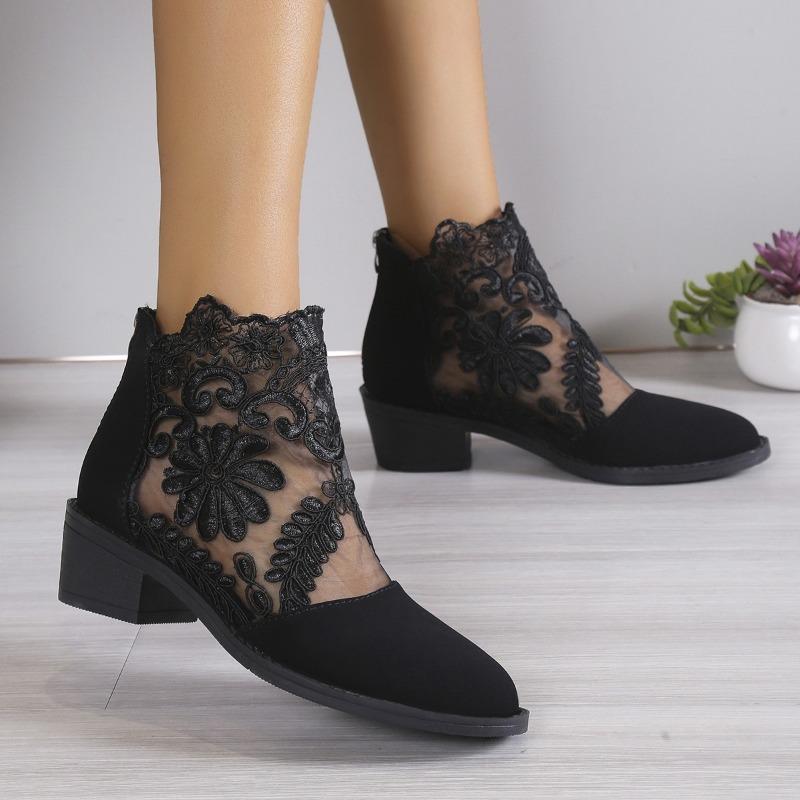 Women Back Zip Ankle Boots Pointed Toe Square Heel Flower Lace Fashion Office Dress Shoes
