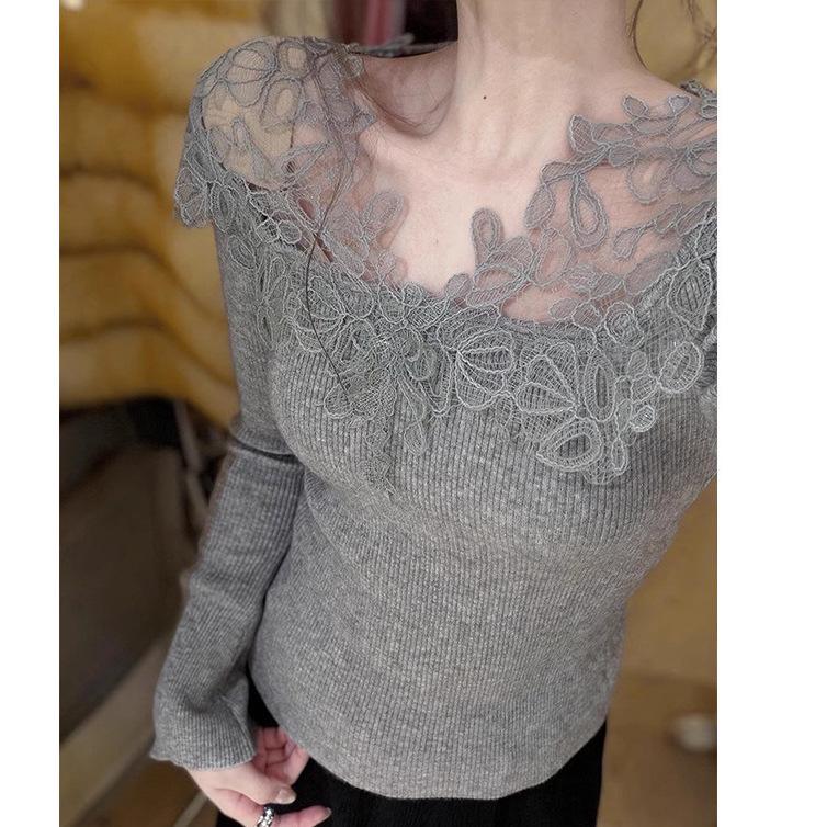 Women's Autumn-Winter Sexy Lace Trim Low Neck Top