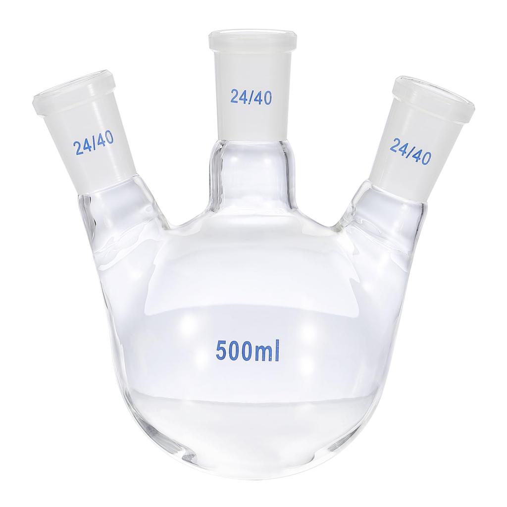 PATIKIL 500ml Boiling Flask, 3.3° Borosilicate Glass, 3-Neck, Round-Bottom, Thick-Walled, 24/40 Standard Tapered Outer Joint, Clear