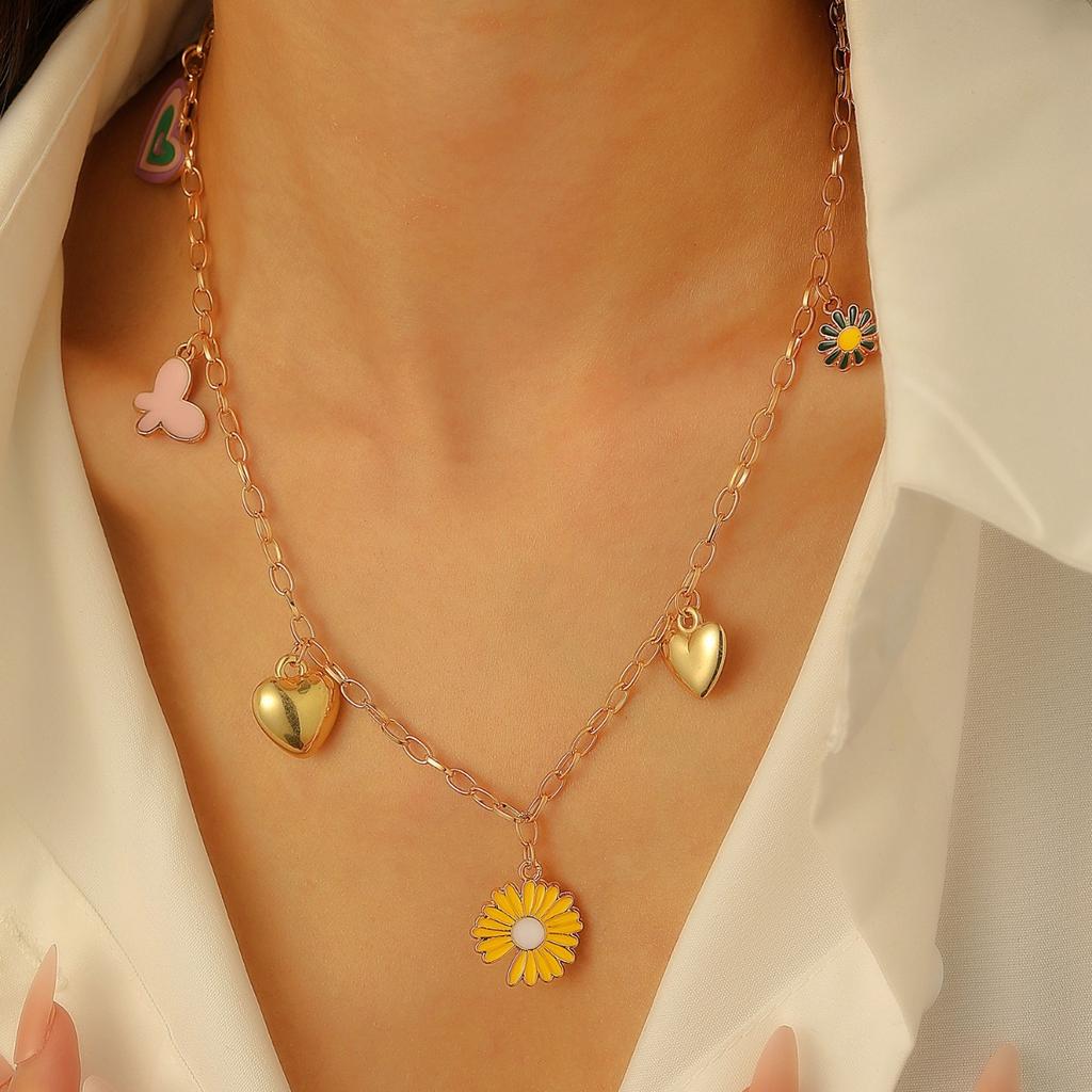 Multi Charm Chain Necklace with Rainbow Heart Butterfly and Lips Pendants for Women