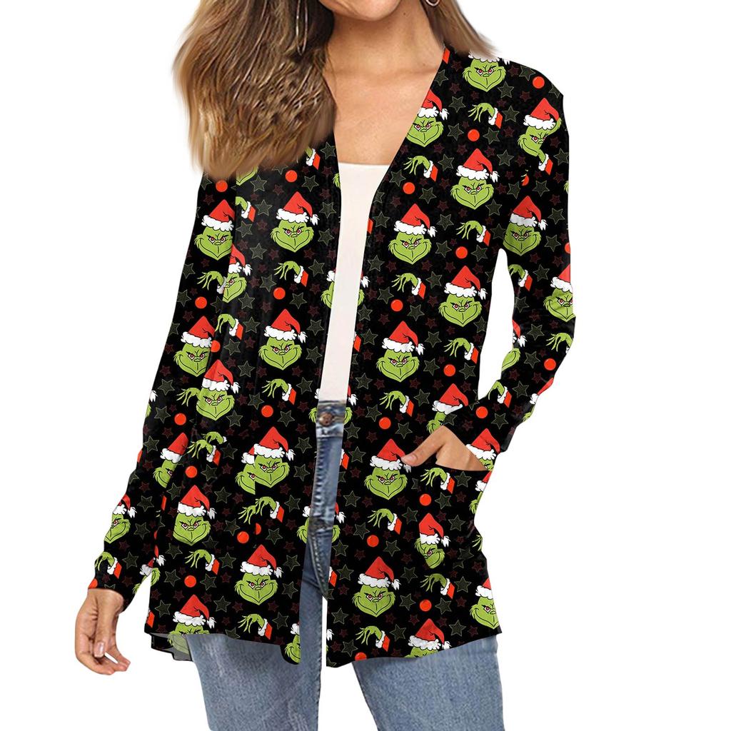 Women's Fashion Christmas Print Long-Sleeved Pocketed Slim-Fit Cardigan Coat