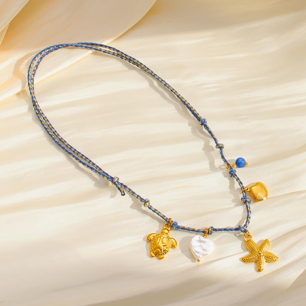 Meishiduo Ocean Pendant Necklace - Stainless Steel Starfish, Sea Turtle, Seashell, Pearl Layered Clavicle Chain for Women