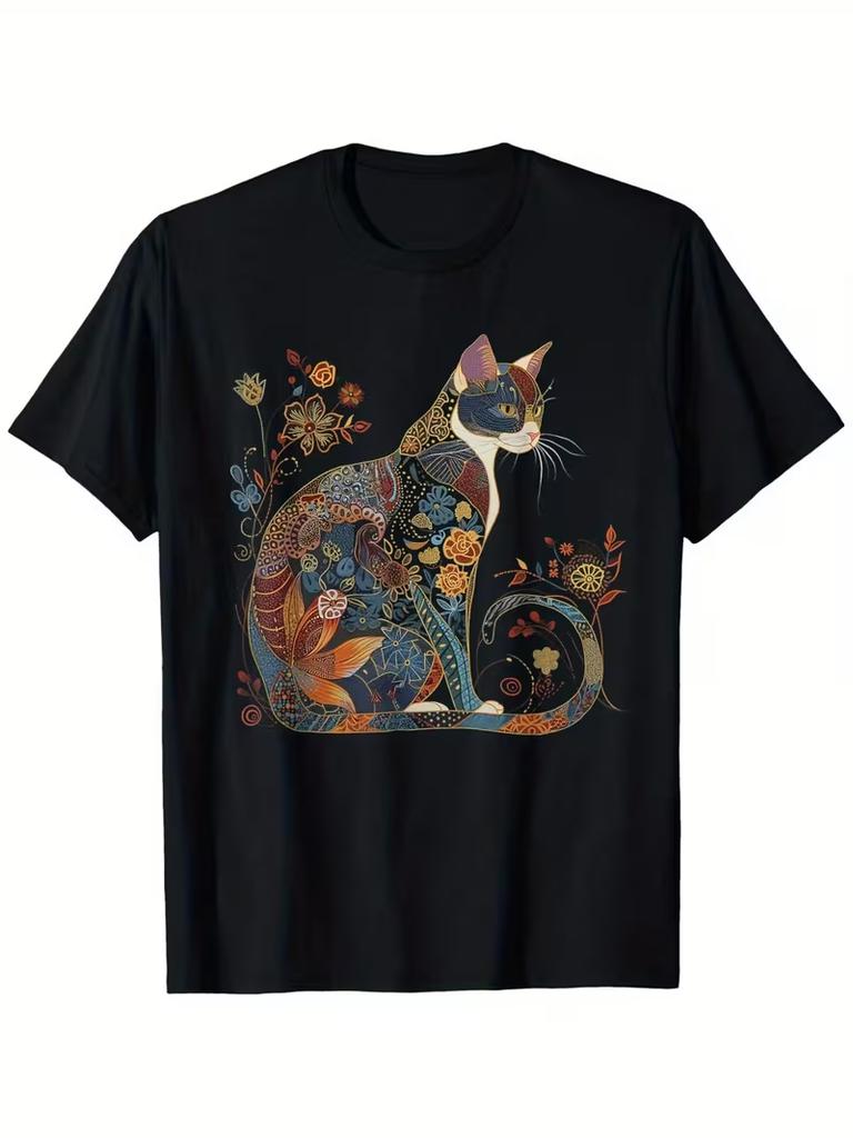 Retro Floral Cat Tshirt Artistic Watercolor Flower Cat Graphic Short Sleeve Tops Unisexs All Season Street Daily Casual Wear