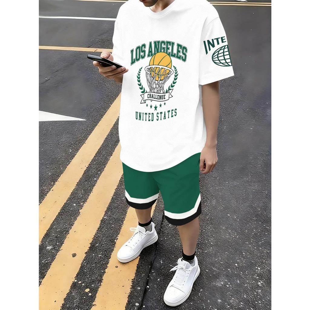 Fashionable basketball letter print pattern, spring and summer short sleeved T-shirt and shorts set