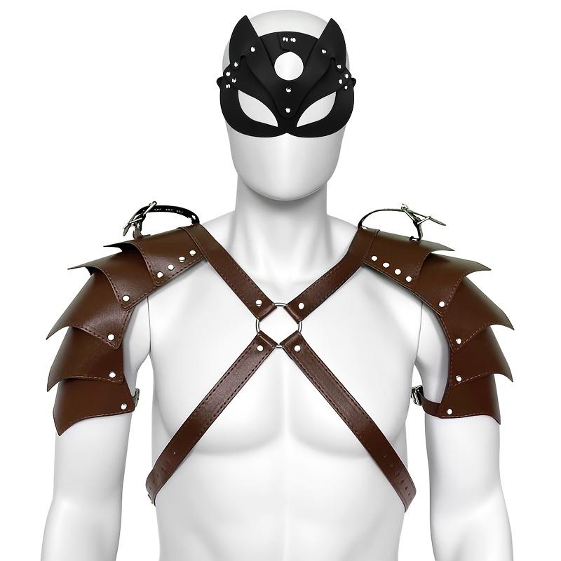 2-teiliges Set Erotische BDSM-Lederjacke für Herren, Ganzkörpergeschirr-Tücher für Schwule, Bondage-Kleidung mit doppelter Schulterpanzerung und Maske, hübsches Bühnenauftrittsset