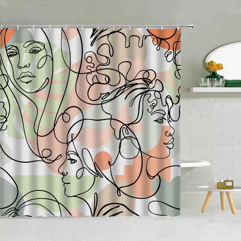 Line Art Shower Curtain for Bathroom Accessories Folding Partition Curtains Bath Bedrooms Houses Rooms Quarto Waterproof FaXT6