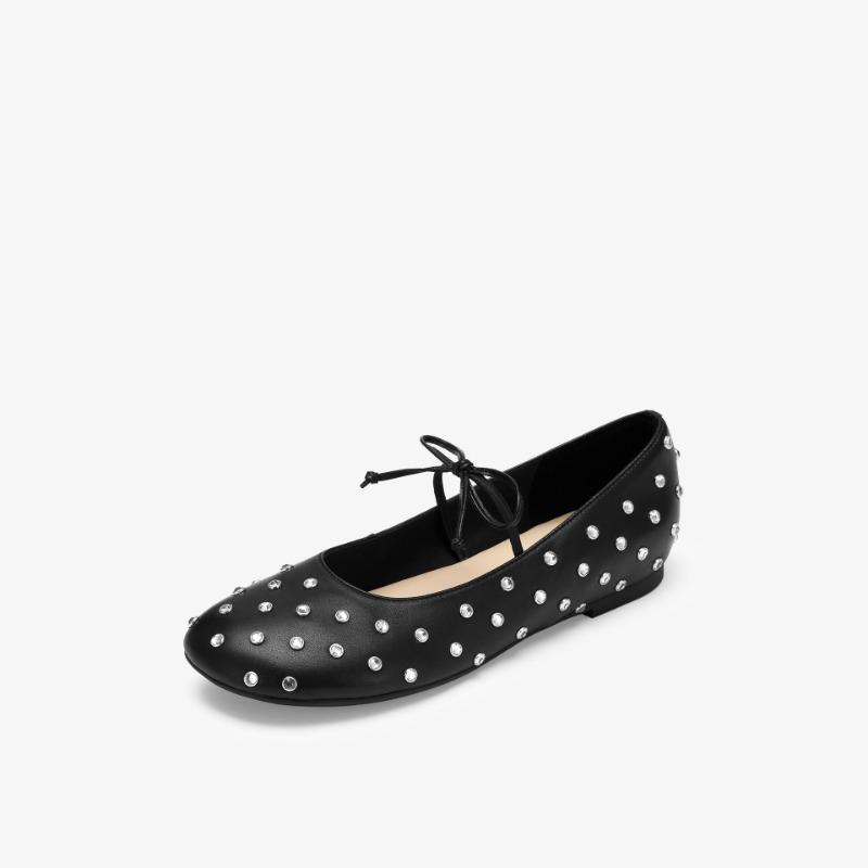 

Retro Round-toed Loafers Rhinestone Flat Single Shoes 34 чорний