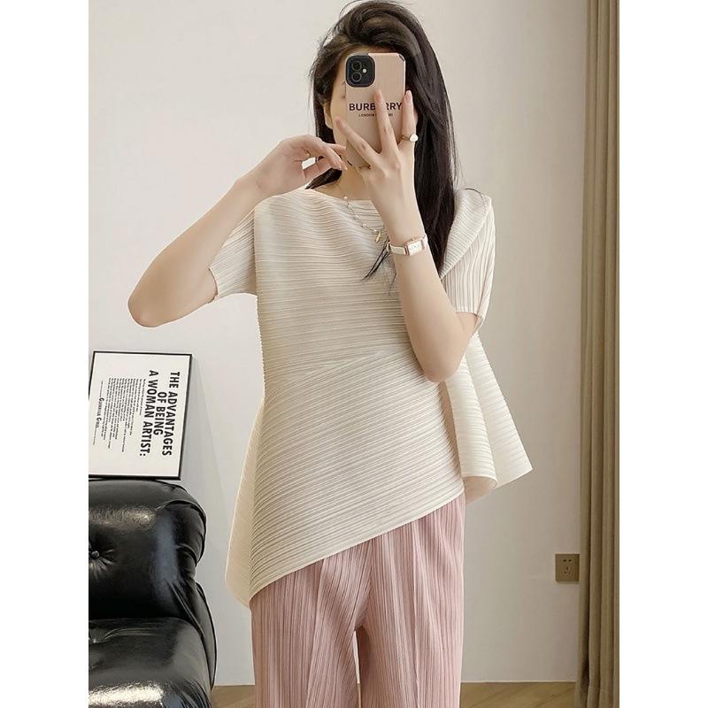 Miyake Pleats Women's High-End Plus Size Stretch T-Shirt - 2025 Summer Trend