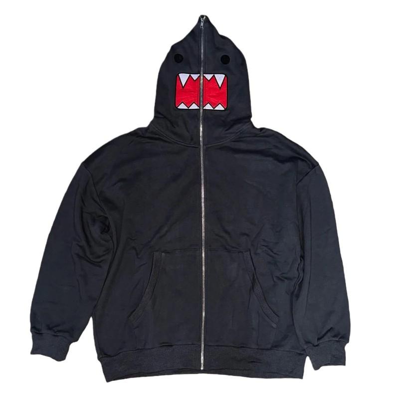 Unisex Streetwear Hooded Zip-Up Sweatshirt With Anime Print Embroidered Pocket Loose Fit Long Sleeve Winter