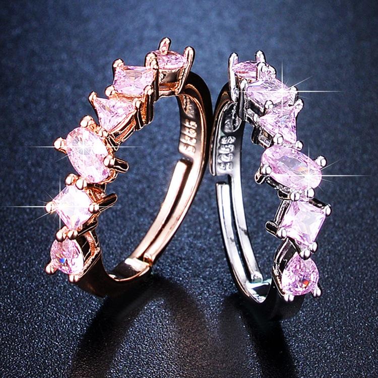 Color Zirconium Gemstone Open Ring Women's Fashion Popular Pink Diamond Geometric Rose Gold Ring