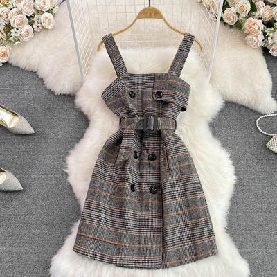 Autumn Winter Women Plaid Spaghetti Strap Dress Casual Double Breasted Mini Short Tweed Dresses