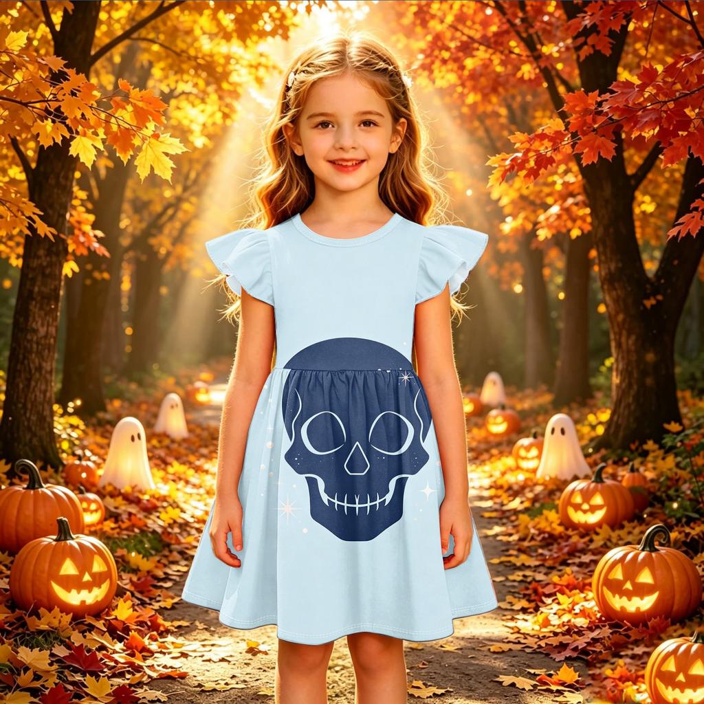 Kids Casual Halloween Printed Sleeve Dress for Party and Daily Wear