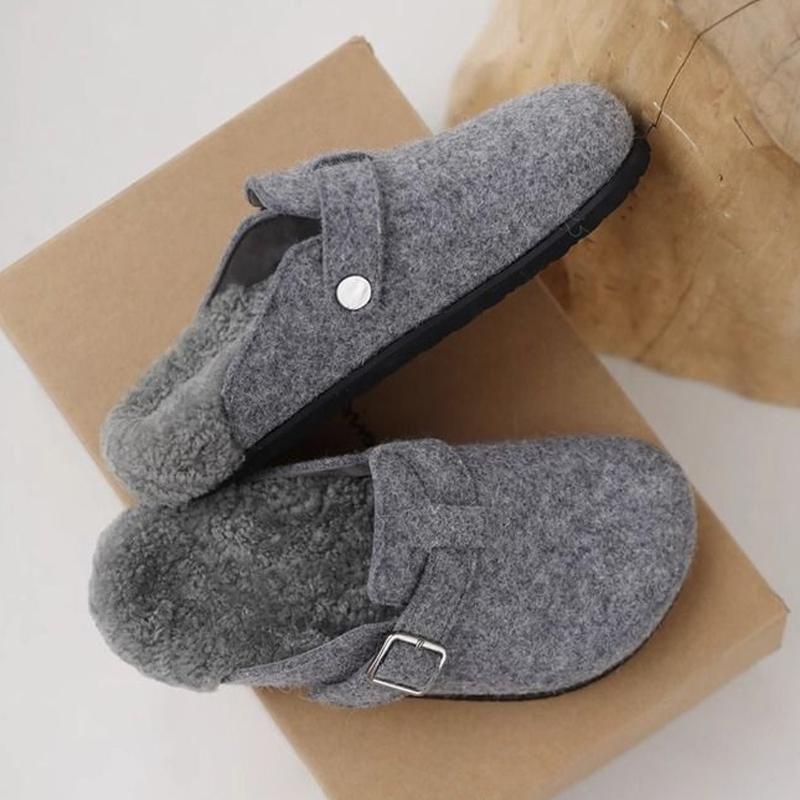 Kidmi Women's Slippers Comfortable and Versatile Outdoor Shoes Winter New Grey Leather Shearling Closed-toe Felt Soft Mules