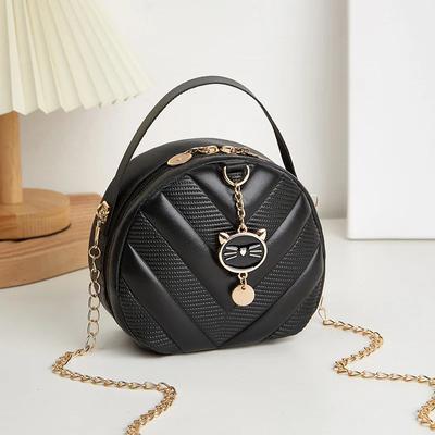 Casual  Shaped Bag for Women  Modern Fashion  Embossed Print  Cat Pendant  Diagonal Cross  Small Round Bag