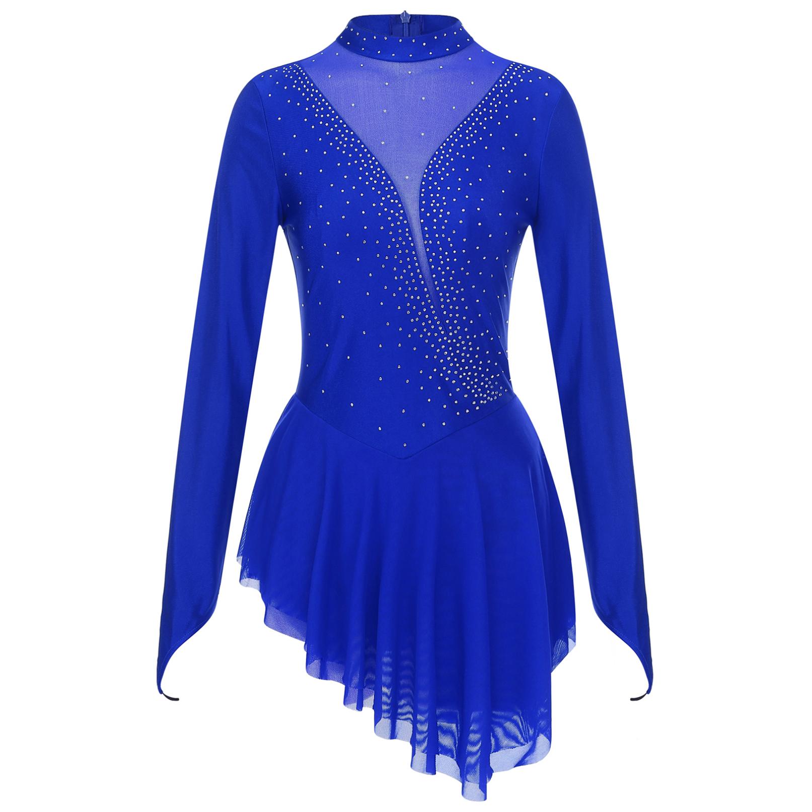 HULIJA Vrouwen Kunstschaatskostuum Glanzend Strass Sheer Mesh Lyrische Dans Ballet Gymnastiek Turnpakje Jurk met lange mouwen