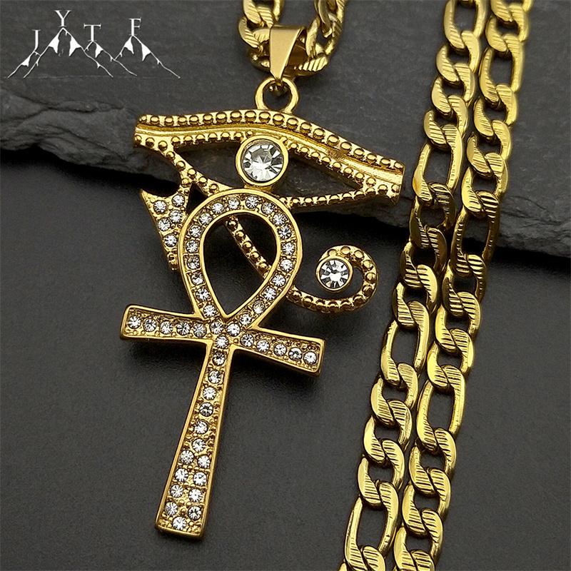 Stainless Steel Eye of Ra Horus Ankh Cross Pendant Necklaces for Women Men Mythology Rhinestones Egyptian Eyes Symbol Jewelry
