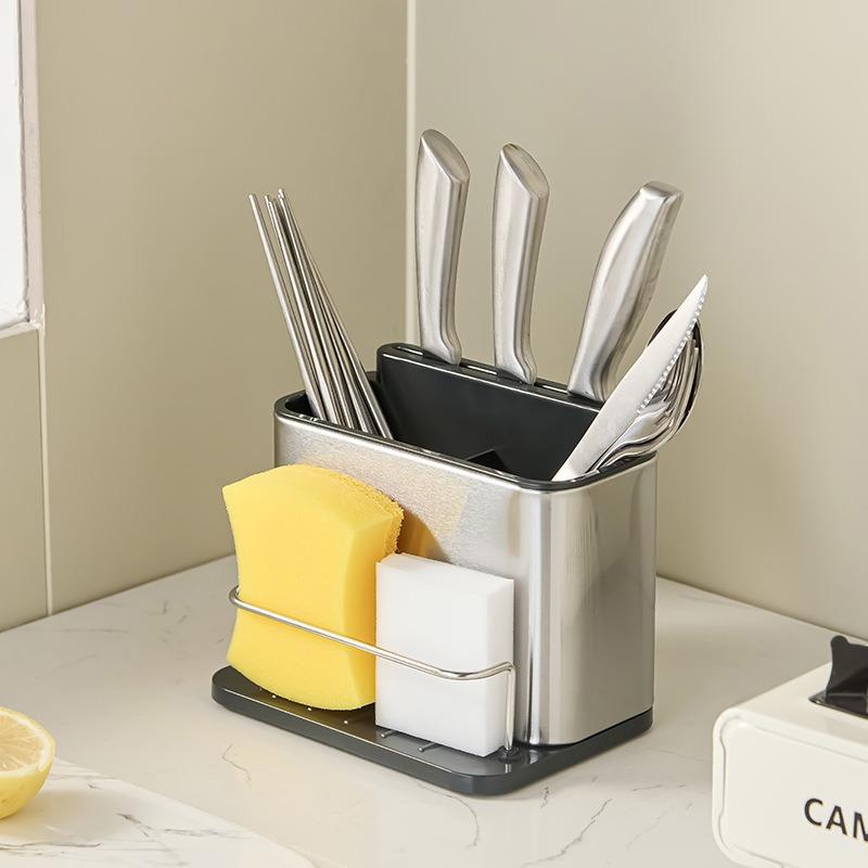 Stainless Steel Kitchen Utensil Storage Rack Kitchen Countertop Cutlery Drainer Sponge Holder