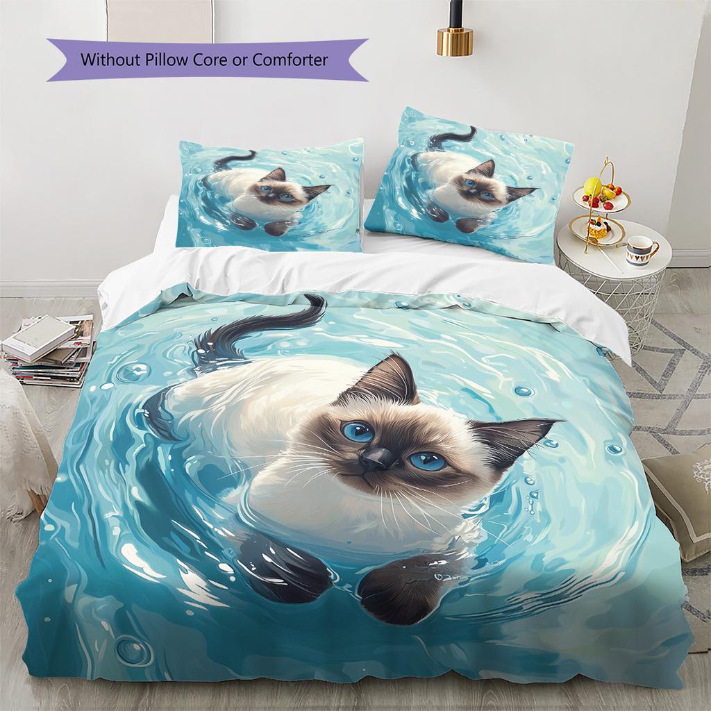 Cat with Water Ripple Pattern Pattern Bedding Quilt Set  Home Decoration  Gift (1 * duvet cover + 2 * pillowcase  without core)