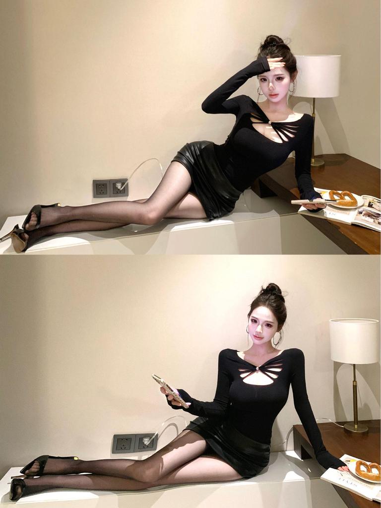 Spicy Girl Hollow Black Long-Sleeve Slim-Fit T-Shirt - Stylish and Versatile Spring Design