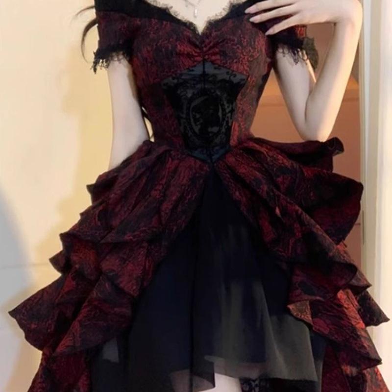 Gothic Lolita Black Red Wave Dress Spring Summer Cosplay Princess Dress