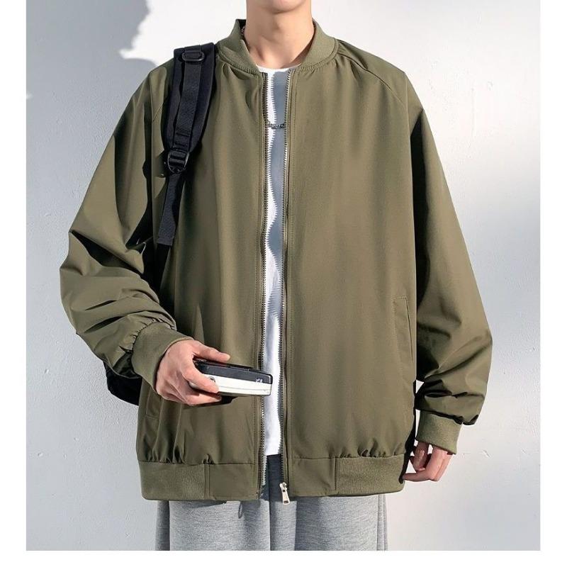 Solid Color Loose Long Sleeve Mens Casual Stand Collar Windproof Baseball Jacket
