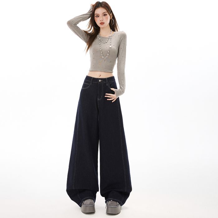 Spring Summer Patchwork Vintage Blue Denim Blue Saber Cut Wide Leg Denim Pants For Ladies Casual Pants Oversize Denim Trousers