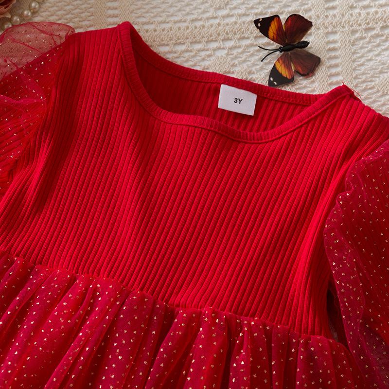 2024 rochie nouă de Crăciun roșie pentru fete toamnă cu mâneci întregi cu paiete buline tul rochie prințesă îmbrăcăminte de revelion pentru copii