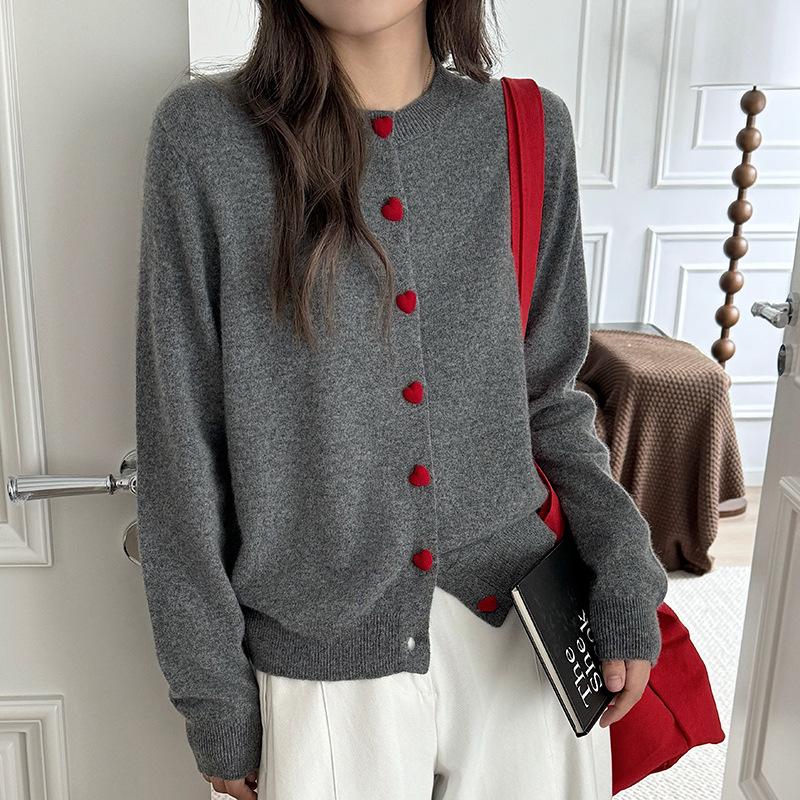 Women's Heart Button Wool Cashmere Cardigan - Round Neck, Autumn/Winter Versatile Sweater