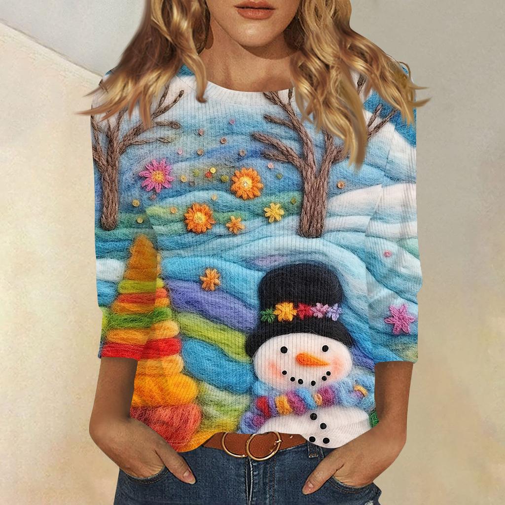 Damenmode und Winter Lässiges Rundhals-T-Shirt mit gebürstetem, geripptem Weihnachtsdruck und Dreiviertelärmeln, Damenbekleidung