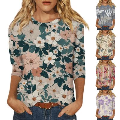 3/4 Sleeve Shirts For Women Print Graphic Tees Blouses Casual Basic Tops Pullover