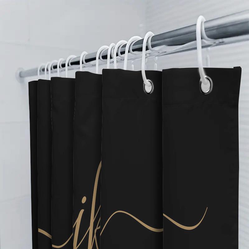 Luxuriöses personalisierbares Namens-Schriftzug-Duschvorhang-Set für Badezimmer-Dekoration Gold-Metallic-Druck, Schwarzer Hintergrund, Weißer Text Jk Je
