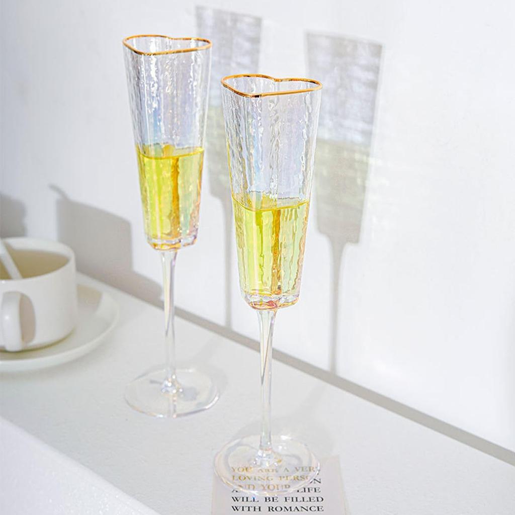 Heart-Shaped Champagne Flutes Set of 2, Golden-Rimmed Crystal Wedding Toasting Glasses for Couples, Birthday, Christmas, Anniver