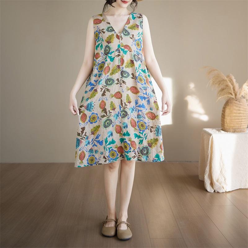 Sleeveless Plus Size Cotton Vintage Floral New In Dresses for Women Casual Loose Midi Summer Dress