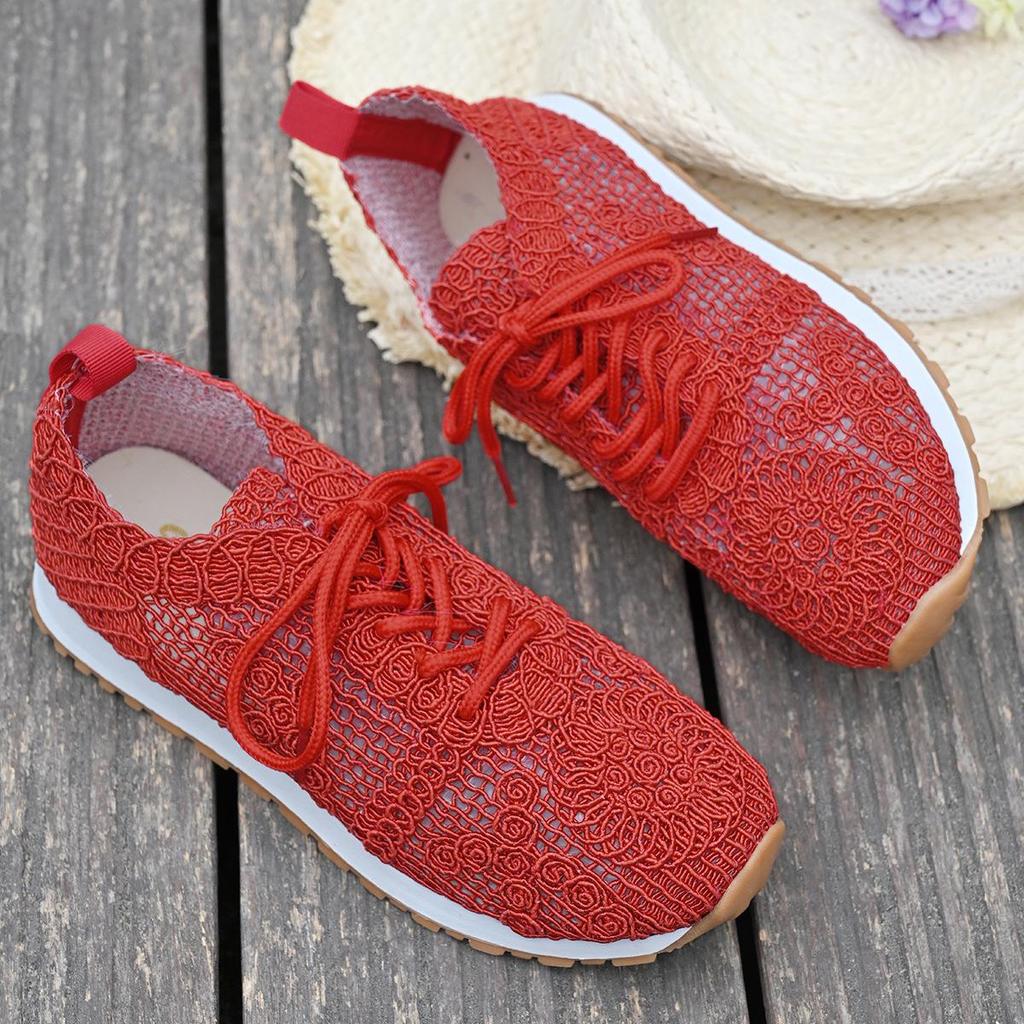 2026 Spring New Solid Color Mesh Sports and Leisure Women's Shoes Round Headed Straw Shoes Fisherman Lace Canvas