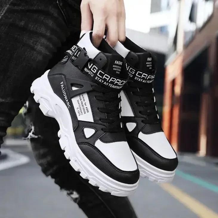 Fashion Men's Boots High-top Casual Sneakers Fashion Motorcycle Boots Lace Up Platform Boots for Men Plush Warm Winter Boot Botas Hombre