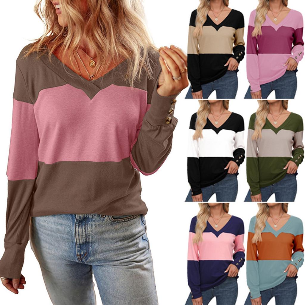 Women's Loose V-Neck Long Sleeve Colorblock T-Shirt Button Long Sleeve