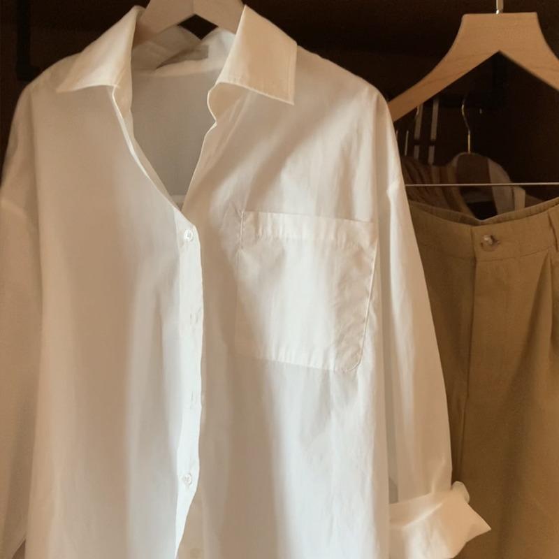 Spring and Summer Solid Casual White Shirt Women Fashion Long Sleeve Simple Loose Blouse Women Button Up Turn Down Collar Office Lady Shirts Top 25664