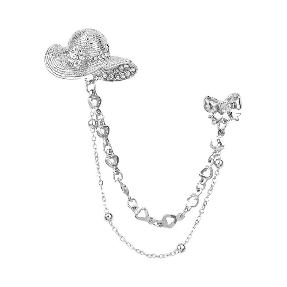 

Personality Crystal Hat Bow Brooch Zinc Zinc Alloy Zircon Badge Pin Temperament Double Chain Brooch Gifts